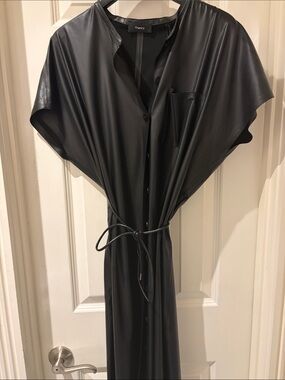 Theory Black Faux Leather Button-Front Midi Dress with Tie Waist